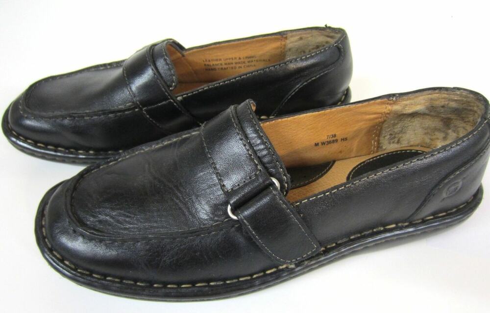 Born Black Leather Slip On Moccasin Toe Loafers Shoes Buckle Strap Us 7M EU 38